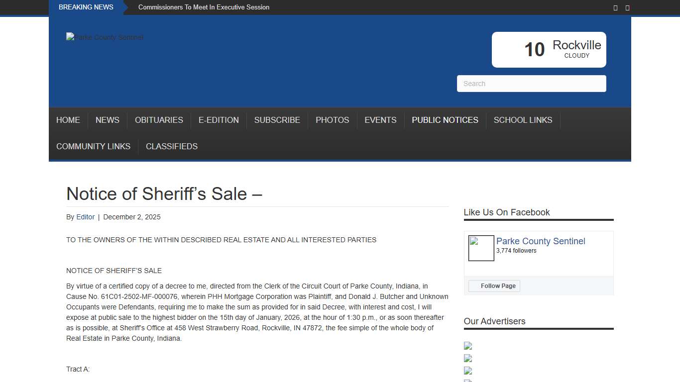 Notice of Sheriff’s Sale – – Parke County Sentinel